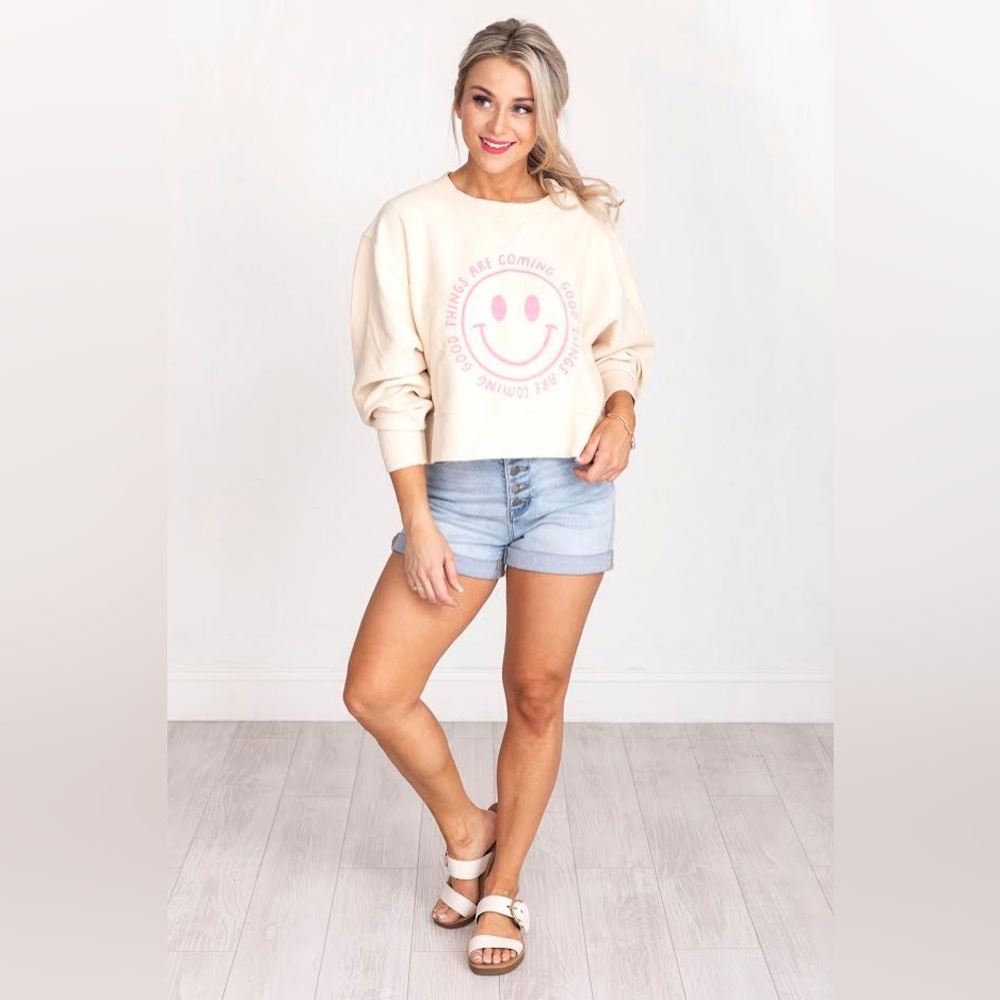PINK LILY - GOOD THINGS ARE COMING CROPPED CORDED CREAM GRAPHIC SWEATSHIRT - Picture 2 of 2